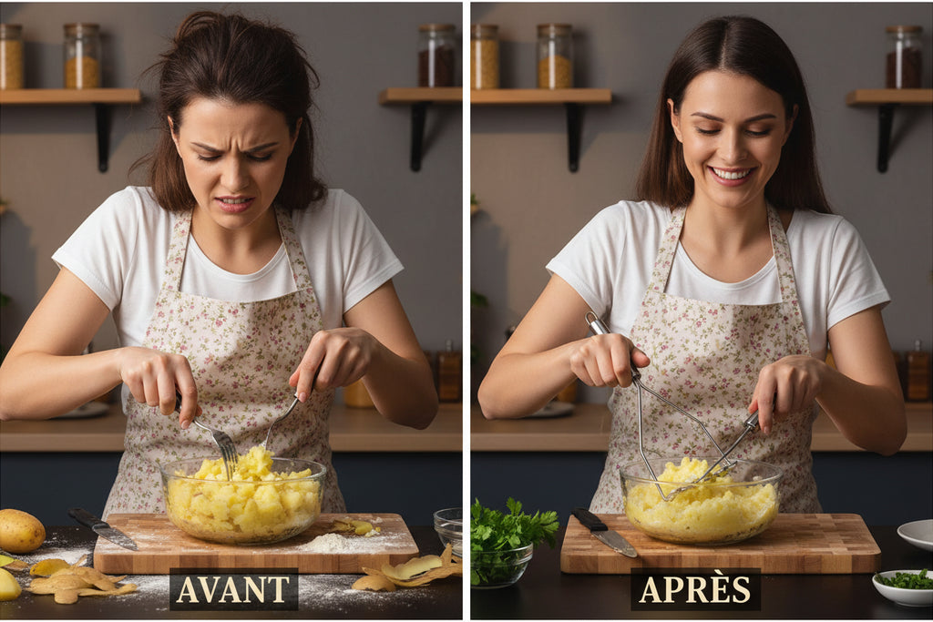 Écraseur à pommes de terre en acier inoxydable, idéal pour purées lisses. Presse fruits et légumes manuel, robuste et facile à nettoyer.