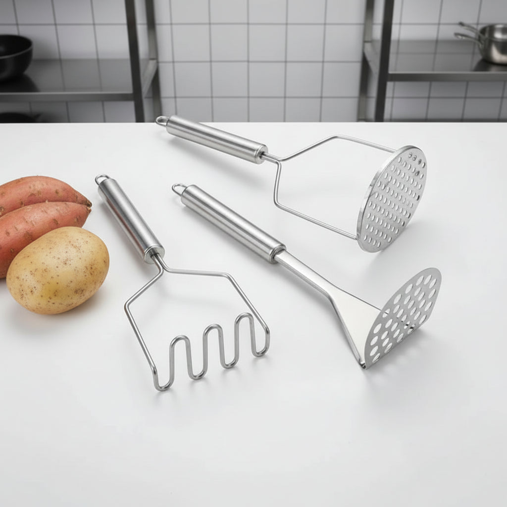 Écraseur à pommes de terre en acier inoxydable, idéal pour purées lisses. Presse fruits et légumes manuel, robuste et facile à nettoyer.