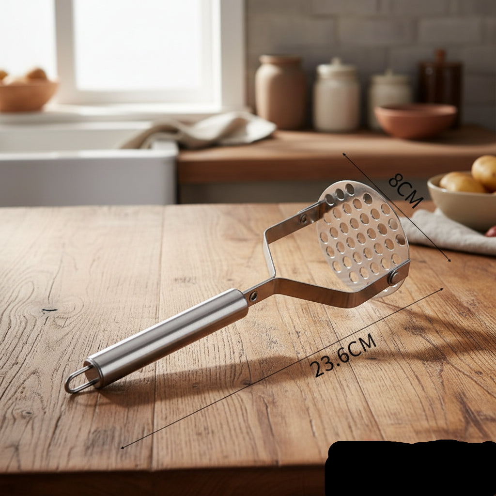 Écraseur à pommes de terre en acier inoxydable, idéal pour purées lisses. Presse fruits et légumes manuel, robuste et facile à nettoyer.
